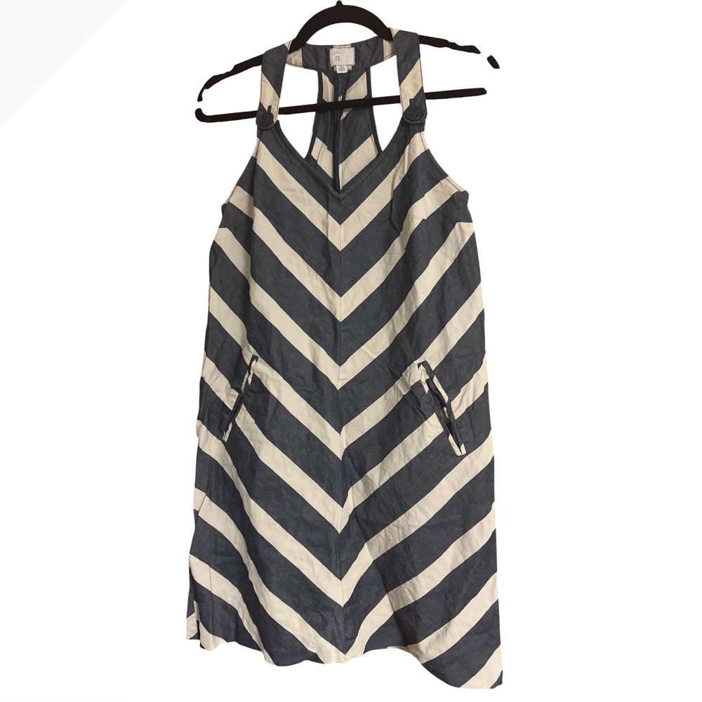 Anthropologie Postmark Chevron Stripe Linen Blend Racerback Mini Dress Navy 6